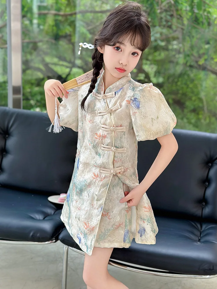 Novo verão retro estilo estrangeiro vestido de princesa estilo chinês roupas tradicionais meninas cheongsam saia elgant qipao