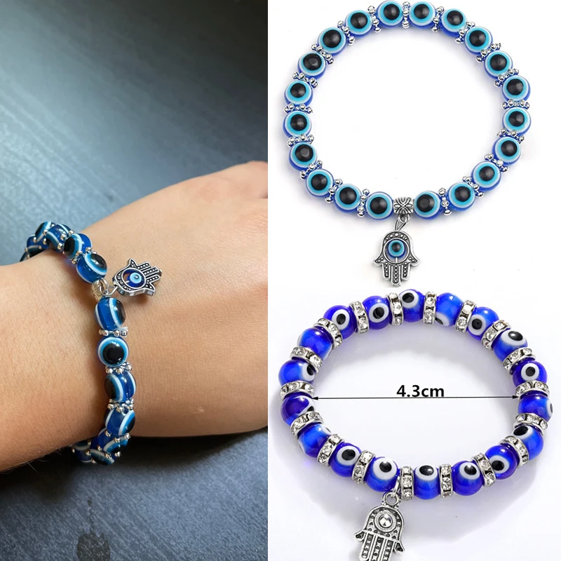 Blue Evil Eye Bracelet Hand of Fatima Turkey Thousand Eyes Wish Handmade Women's Resins Bead Bangle Elastic Bracelets Jewelry