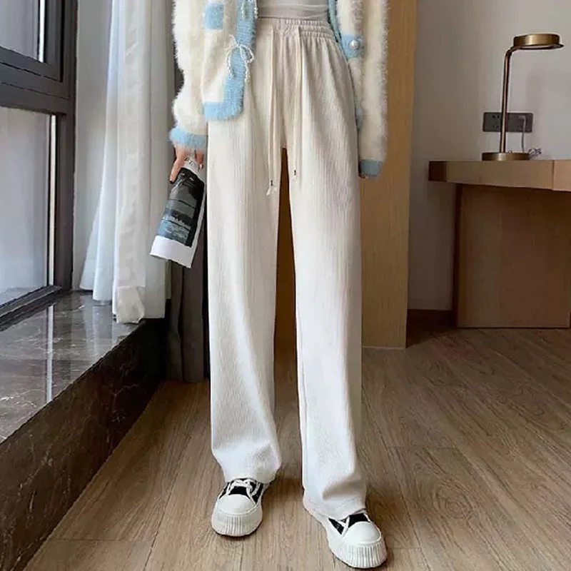 بنطلون بساق مستقيمة للنساء ، بنطلون طويل أحادي اللون ، بنطلون حراري قطيفة للسيدات ، ساق واسعة ، أوقات ترفيهية موجزة يومية ، نسخة كورية ، الخريف والشتاء ،