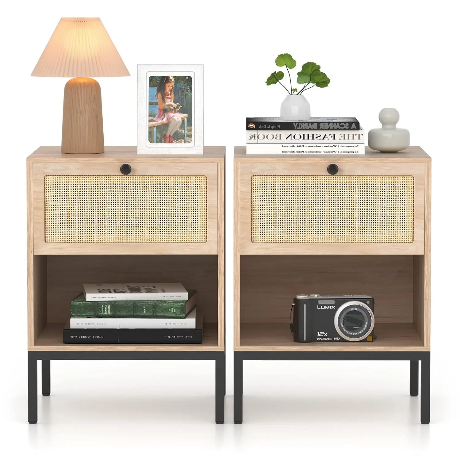 

Nightstand Set Of 2 With Storage Drawer And Open Shelf, Small Wood Bedside Table With Natural Rattan Drawer, Customized