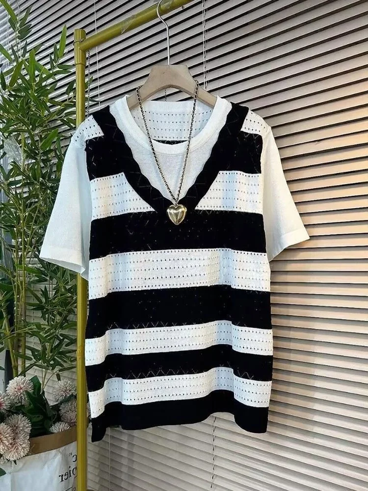 

Женская летняя свободная модная футболка больших размеров (до 300 фунтов) с коротким рукавом, имитация двухслойности, с вышивкой, повседневная, простая вязаная модель