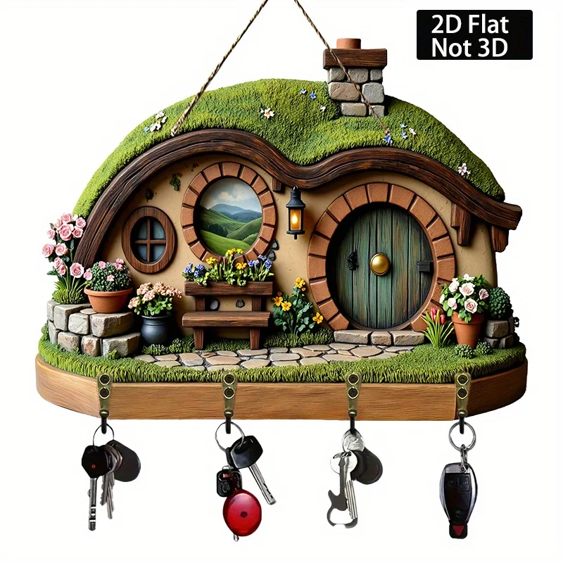2D Flat Green Door with Golden Handle | Brown Brick Surrounding, Wall-Mounted Key Holder with Four Metal Hooks for Wall, Porch,