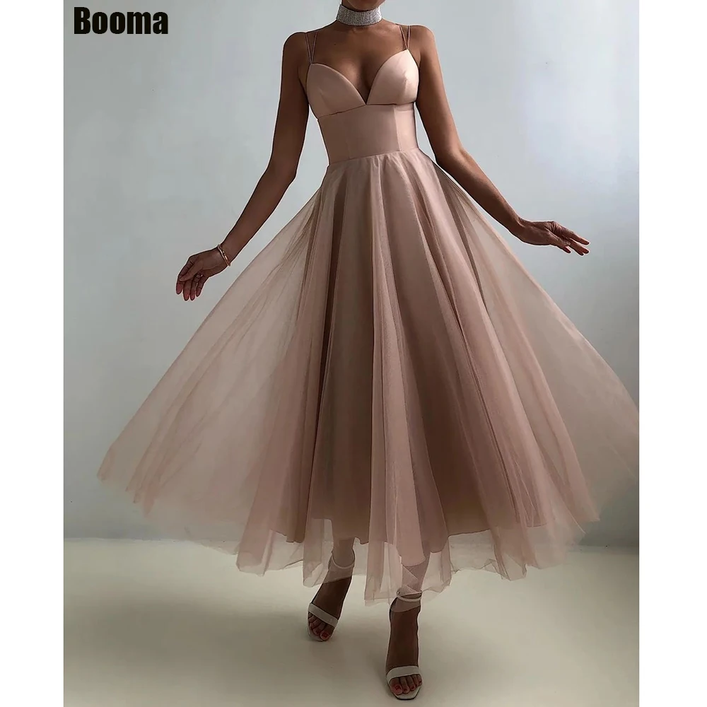 

Booma Pink Sweetheart Prom Dresses A-Line Spaghetti Straps Evening Dresses Tulle Formal Ankle-Length Simple Women Party Gown