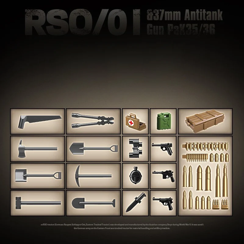 독일 군사 모델 빌딩 블록, 세계 대전 RSO/01, 37mm, 대차 총 Pak35/36 차량, WW2 육군 부대 피규어 벽돌 장난감