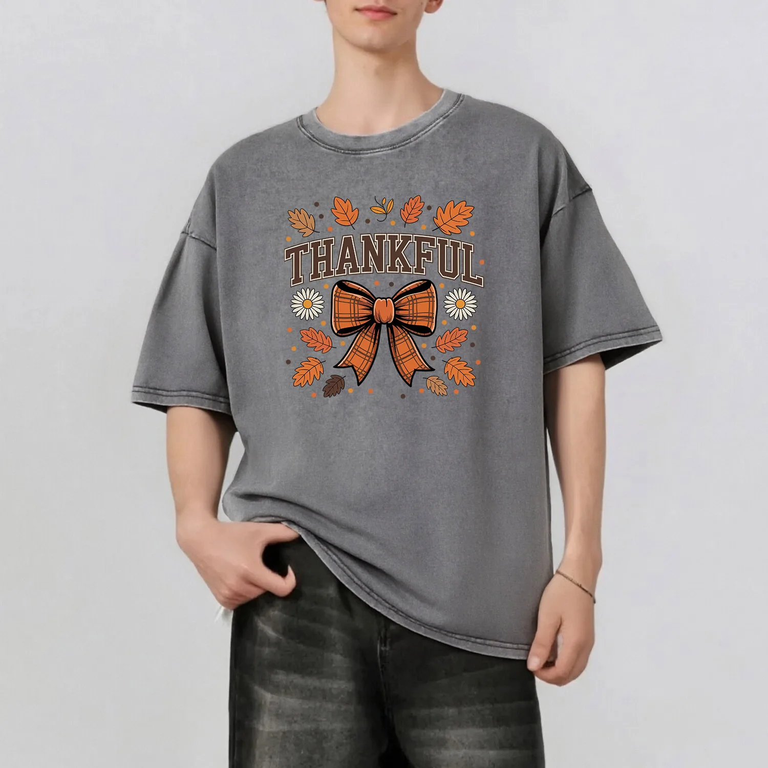 

Thankful Coquette Graphic Printing Men's Summer Retro Style Washed Water T-Shirt Casual Short Sleeved Basic Men's Top 230G