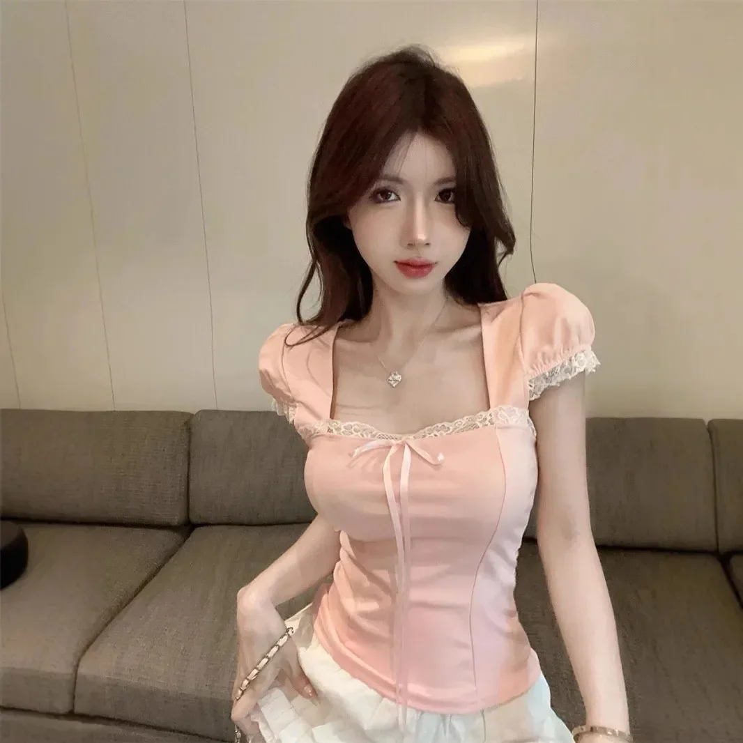Pop Pink Lace Butterfly Knot Short Shirt Women's Fashion Slim Fit Square Collar T-Shirt Sweet High End Summer New Style