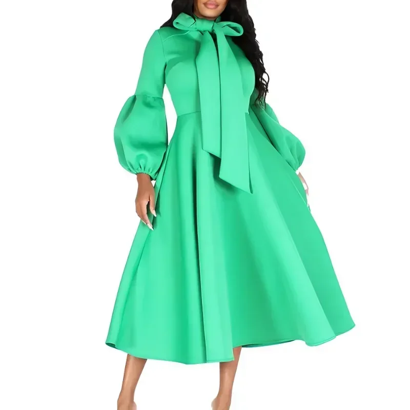 Африканские вечерние платья для женщин, осеннее элегантное африканское длинное платье из полиэстера с длинными пышными рукавами, однотонное длинное платье Dashiki, африканская одежда