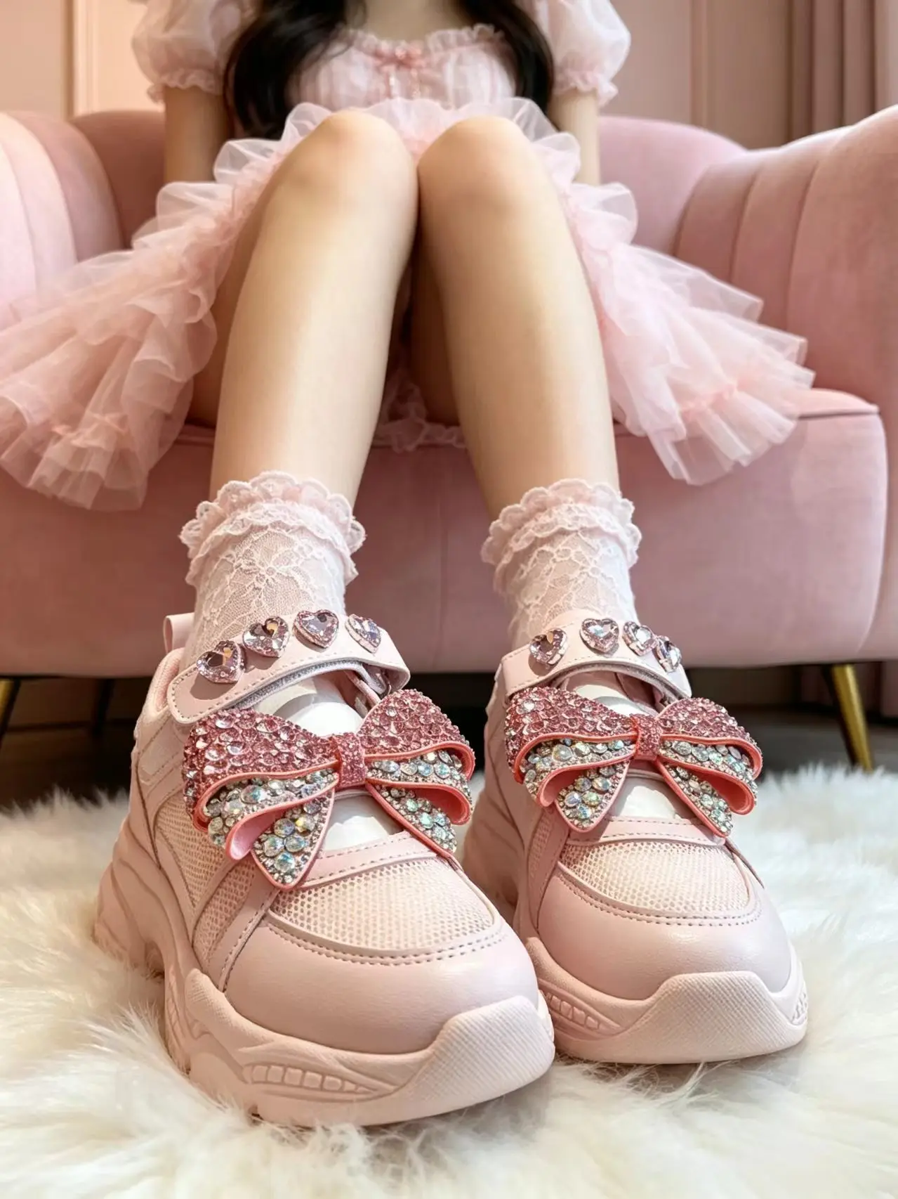 Luxurious rhinestone pink casual shoes, custom-made, low-top, breathable sports women's shoes, size 35-40