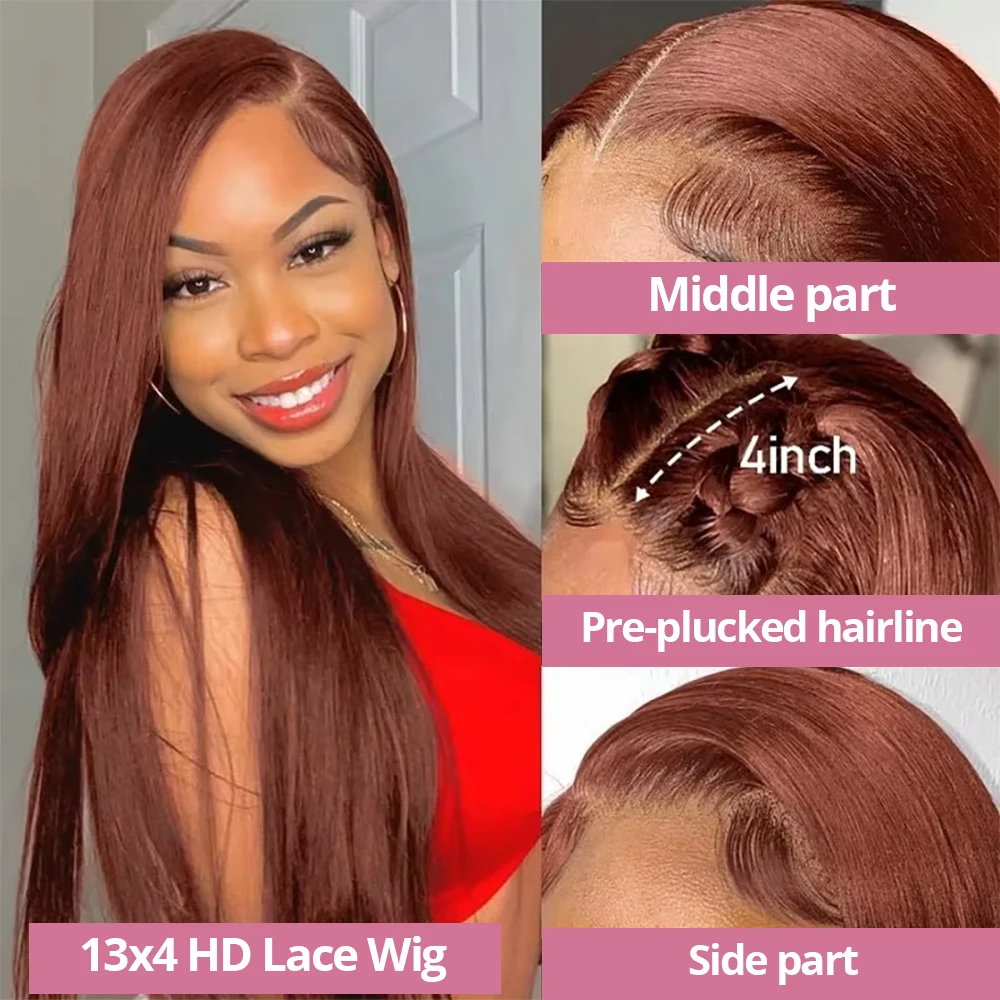 250% Reddish Brown Straight 13x6 HD Lace Frontal Human Hair Wigs Brazilian Transparent 13x4 Lace Front Wigs Preplucked For Women