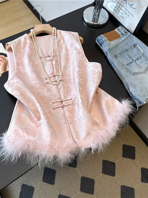 

Розовый жилет с перьями и вышивкой птицы, женский весенне-осенний жилет 2025 года, новая верхняя одежда в китайском национальном тренде, топ