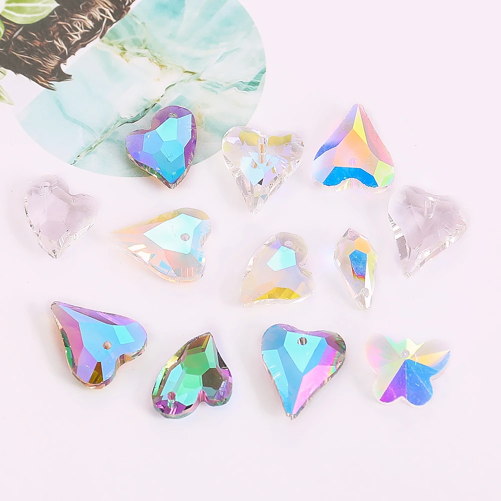 6PCS AB Crystal Beads Pendant Charms Heart Faceted Glass Prism Suncatcher Loose Drop Beads DIY Necklace Earrings Jewelry Making