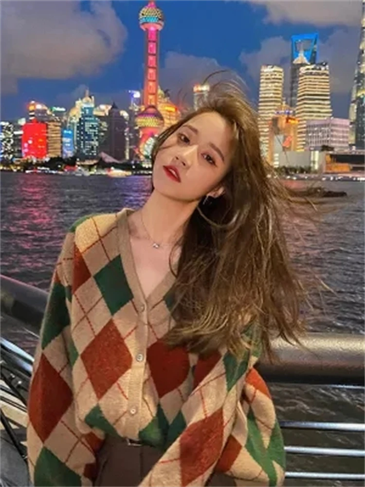 

Женский кардиган оверсайз, вязаный осенне-зимний свитер, винтажный кардиган на пуговицах, Женский вязаный свитер в клетку с длинным рукавом