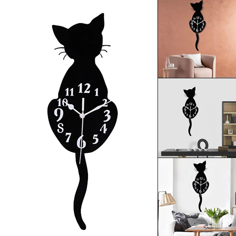 Silent for Cat Pendulum Wall Clock with Moving Tail Whimsical Funny Wall Clocks for Home Office Apartment Cafe Xmas Gift