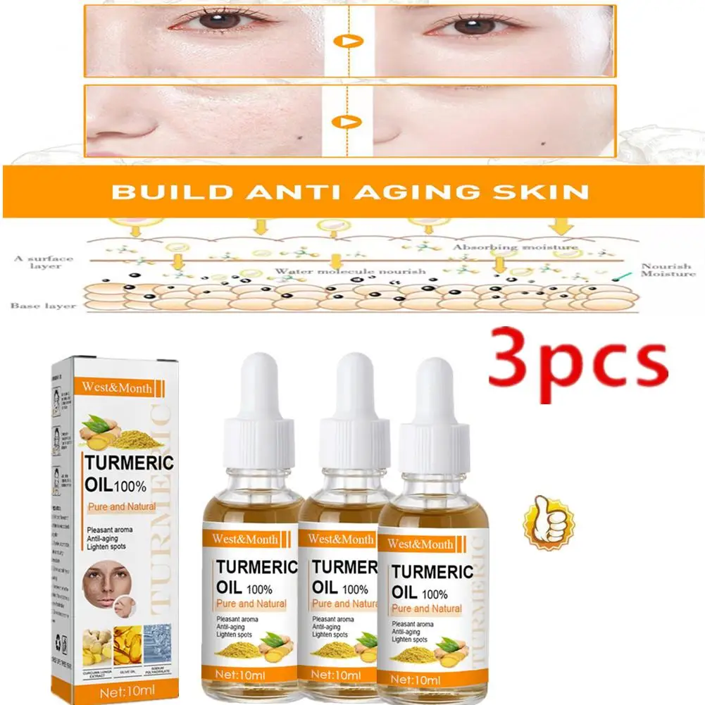 3pcs Remove Dark  Turmeric Essential Oil Anti Wrinkle Face Serum Therapeutic Acne Shrink Pores Whitening Moisturizing Skin