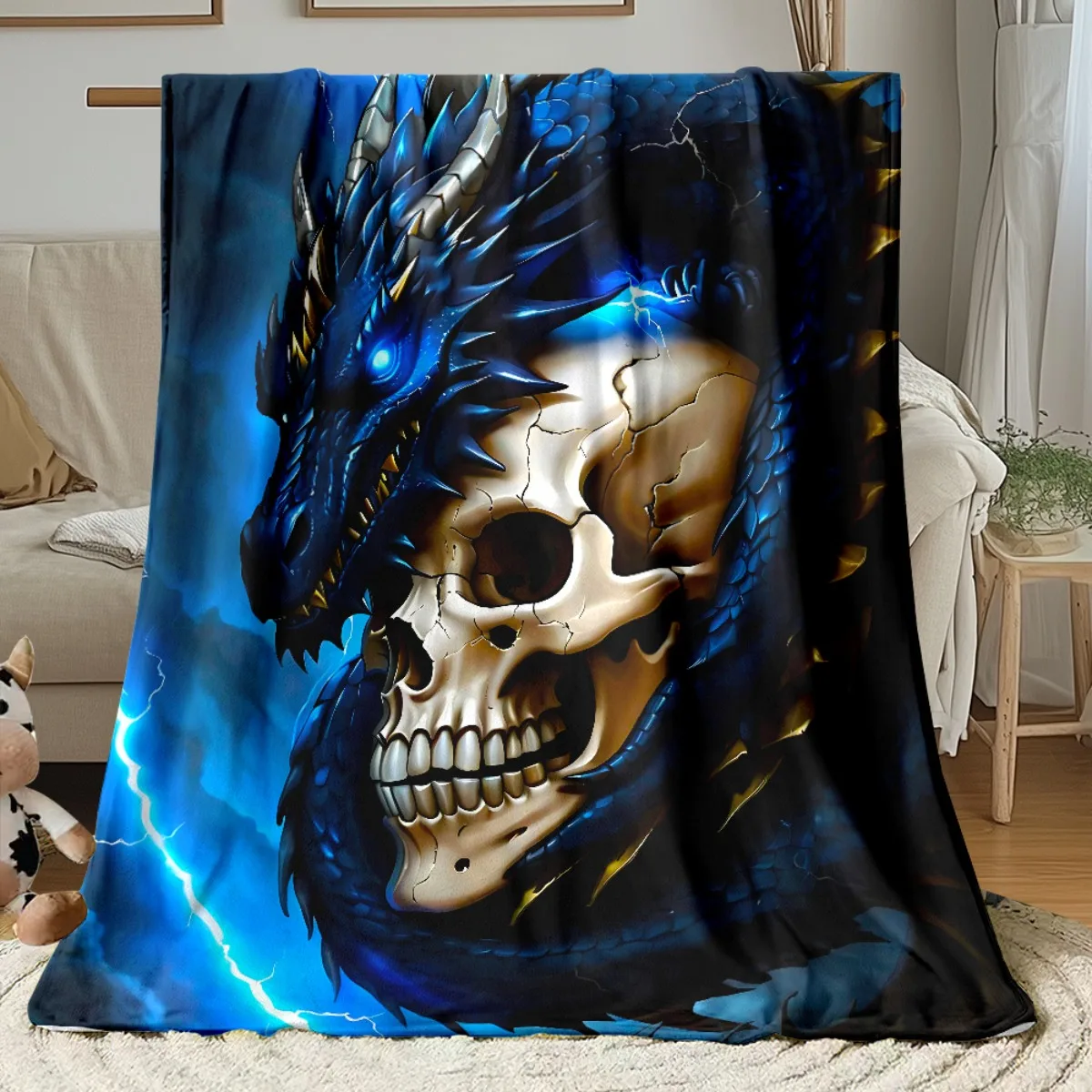 1pc Blue Dragon And Skull Printed Outdoor Blanket - Lightweight Flannel Used for Camping, Picnic, Hiking, Tourism, Airplane, Bed