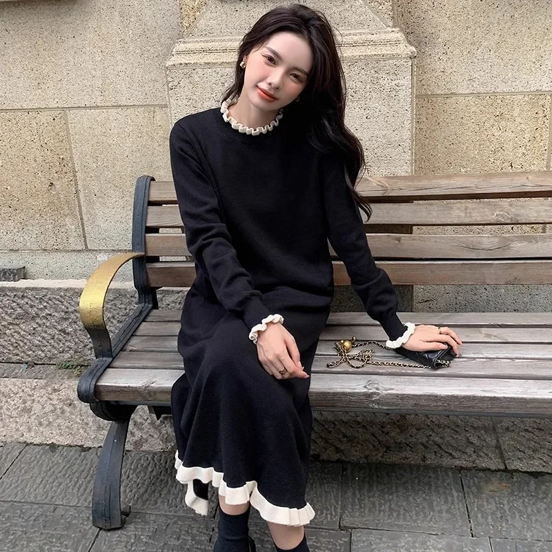 Hebon Chic Black Dress Spring Season Long Over Knee Sweater Dress Inner Wear Over Coat Base Knit Black Dress For Women