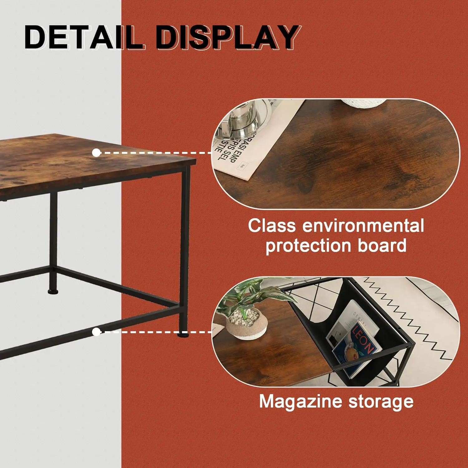 Rectangle Wood and Metal Coffee Table with Storage Shelf for Small Living Rooms with Pocket