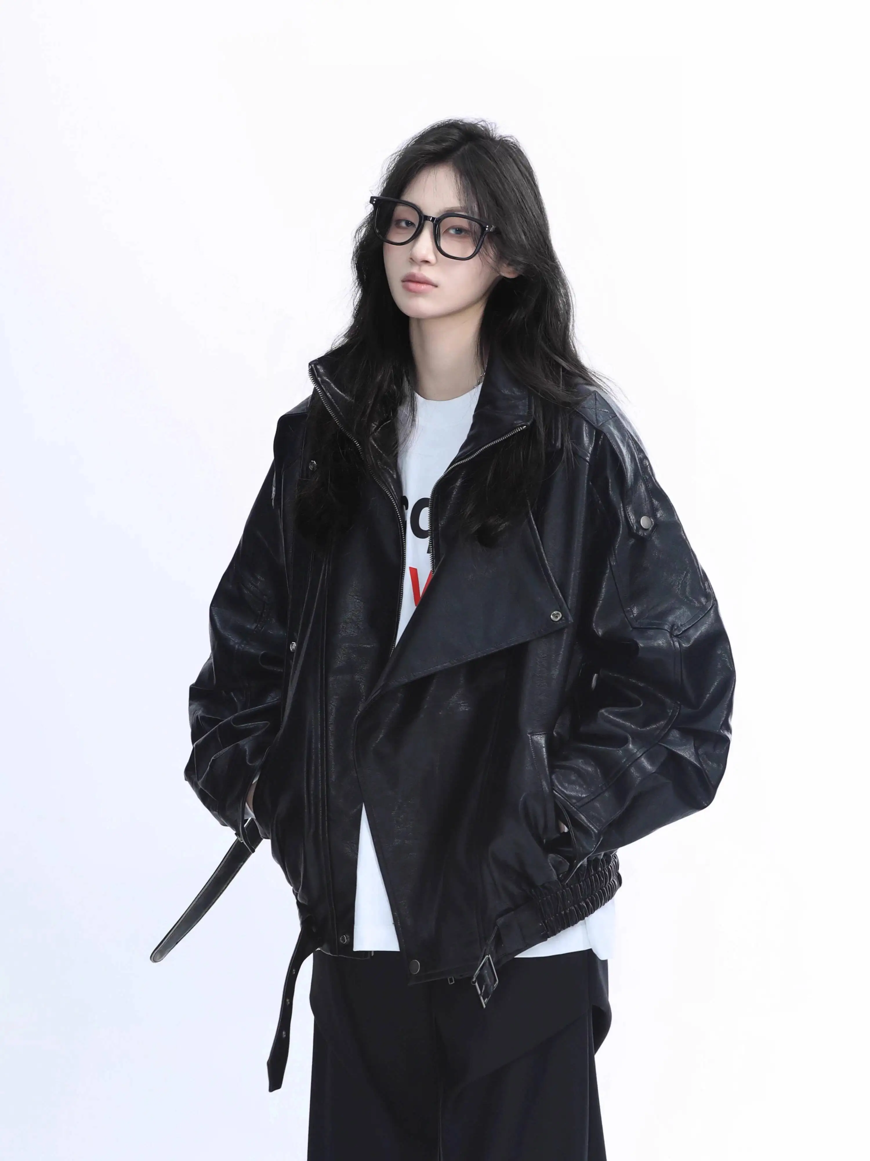 

Кожаная куртка унисекс Байкерская куртка Ретро Vibe Тяжелая черная искусственная кожа Уличный стиль Свободная верхняя одежда стильного образа