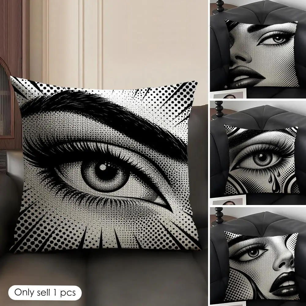 Black And White Eyes Face Art Cushion Cover Skin-Friendly Organic Linen Pillow Cover Durable Hypoallergenic Washable Soft
