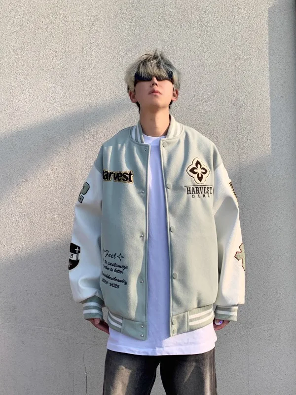 Unisex Letter Embroidered Baseball Jacket Streetwear Fashion Hip Hop Punk Oversized Fit Casual Varsity Men Women Bomber Coat