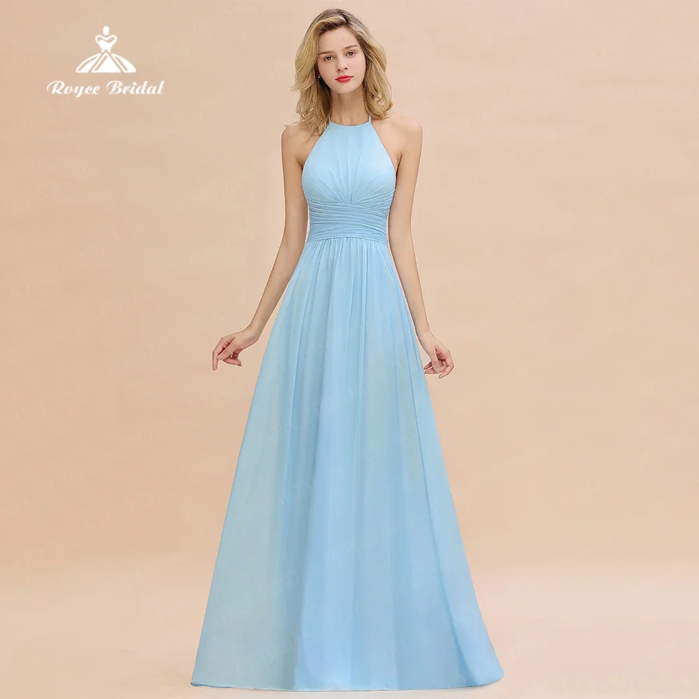 Modern Bare Shoulder A Line Bridesmaid Dress Chiffon Lace-Up O Neck Sleeveless Pleated For Wedding Reception vestidos de gala