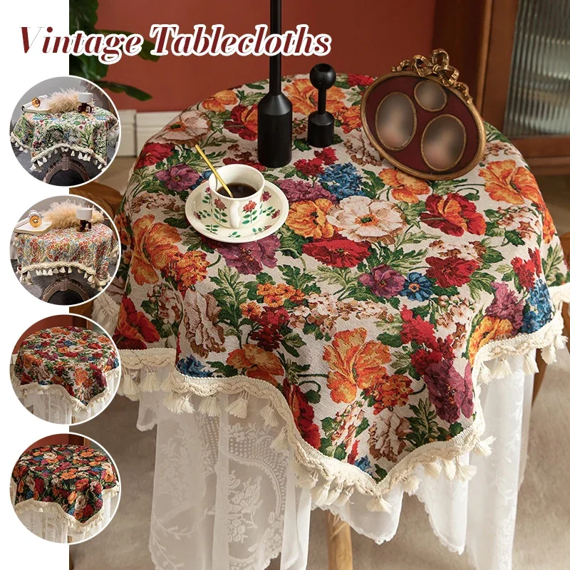 American Retro Style Linen Tablecloths Printed Table Cloth Napkin Coffee Round Table Cover Wedding  Home Table Decoration