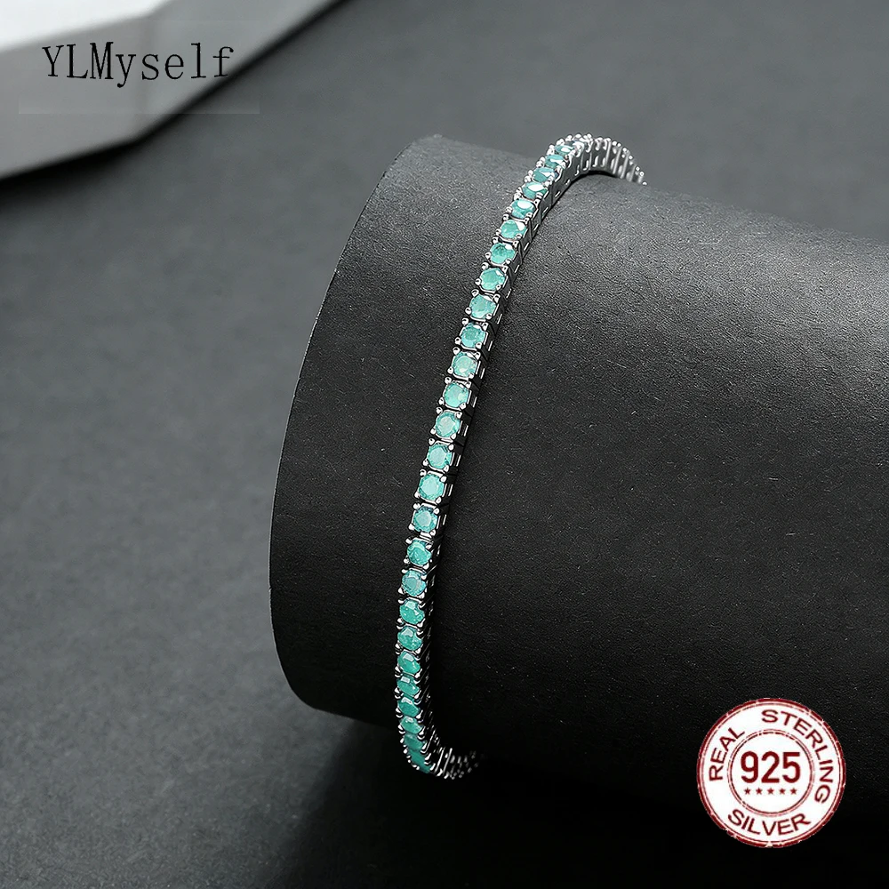 

YLMyself 925 Sterling Silver Tennis Bracelet 2mm Pave Paraiba CZ 15/16/17cm Hip Hop Chain Women