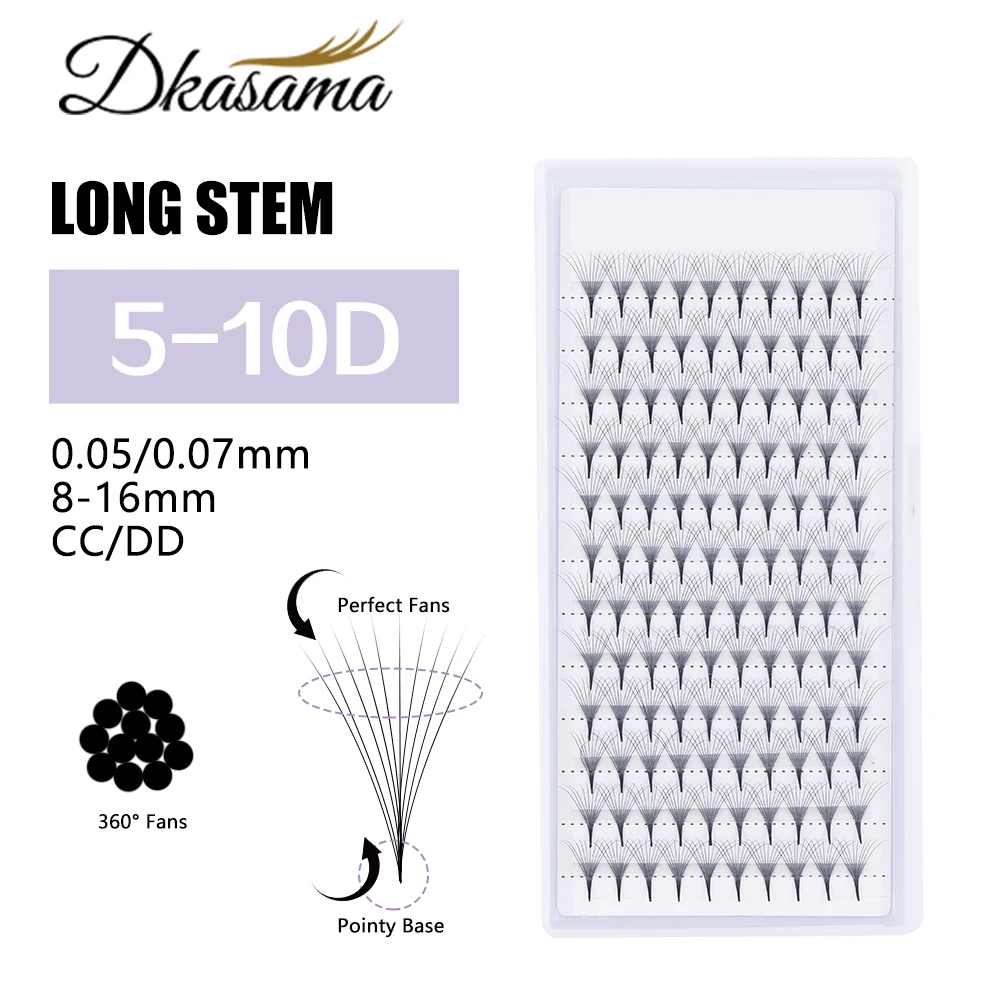 Dkasama Premade Volume Fans 5D-10D Eyelash Extension CC/dd Long Stem Thin Pointy Base Russian Fans Ready Volume Individual Lash