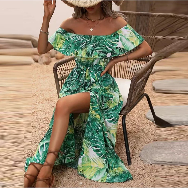 Mode Vakantie Ruche Maxi Strandjurk 2023 Print Zomer Slash Hals Vrouwen Jurk Vintage Losse Off Shoulder Veterschoenen Boho Jurk