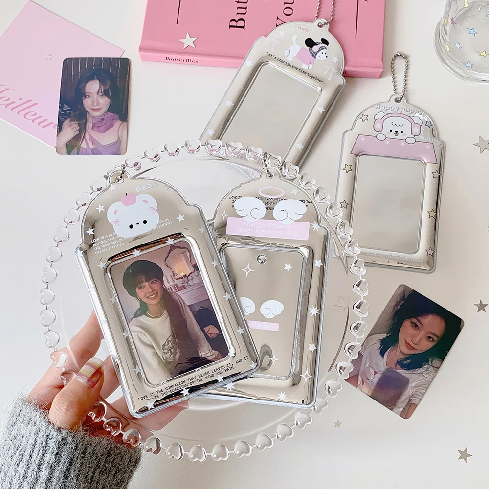 Y2K Fashion Korean Silver Bear 3-inch Card Holder Cute Girls Idol Photo Storage Card Bag Pendant Keychain Decoration Gifts