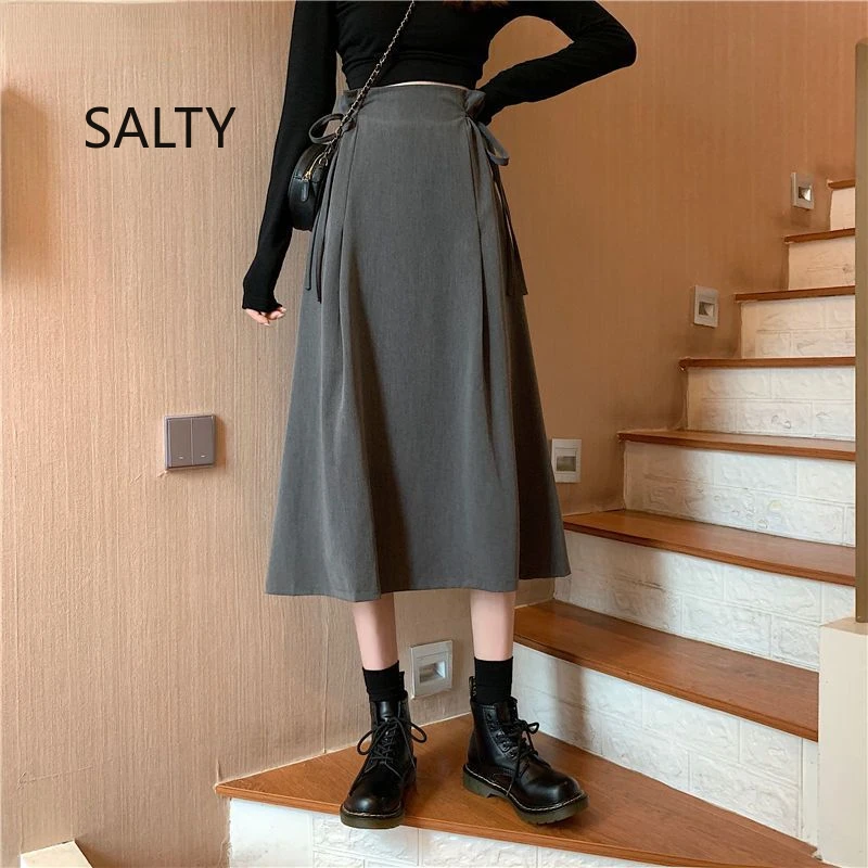 2025 New Korean Skirt Women Solid Mid-length Pleated Skirt Black and Grey Lace-up Skirt Female Long Skirts for Woman