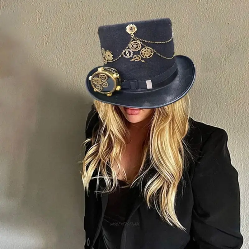 X5XA Steampunk Men Hat With Goggles Top Hat Jazzs Hat Gothic Steampunk Hat Cosplay