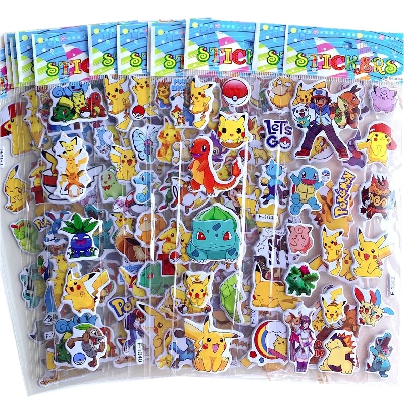 12pcs Cartoon Pokemon Pikachu Sticker Kawaii Cute Anime Waterproof Dimensional 3D Stikers Puffy Bulk Book Stickers Toy Gift