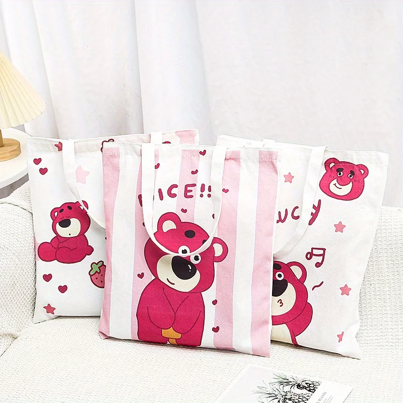 

1pc Disney lotso cute funny action canvas bag strawberry bear cartoon shoulder bag with large capacity for storage and carrying