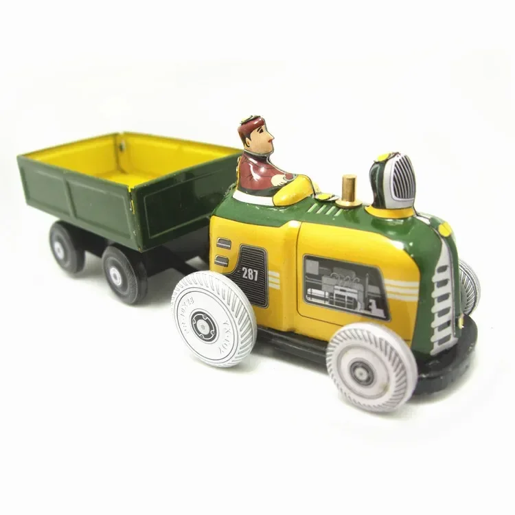 

[Funny] Adult Collection Retro Wind up toy Metal Tin farmer on farm tractor car Mechanical Clockwork toy figures kids baby gift