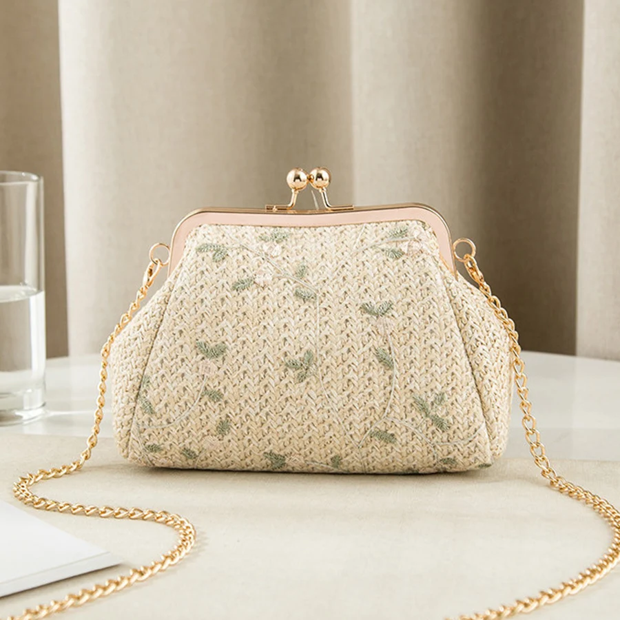 

Women's Woven Straw Beach Bags Fashion Small Shell Shoulder Bag Flower Embroidery Bags Ladies Clip Crossbody Handbags for Travel