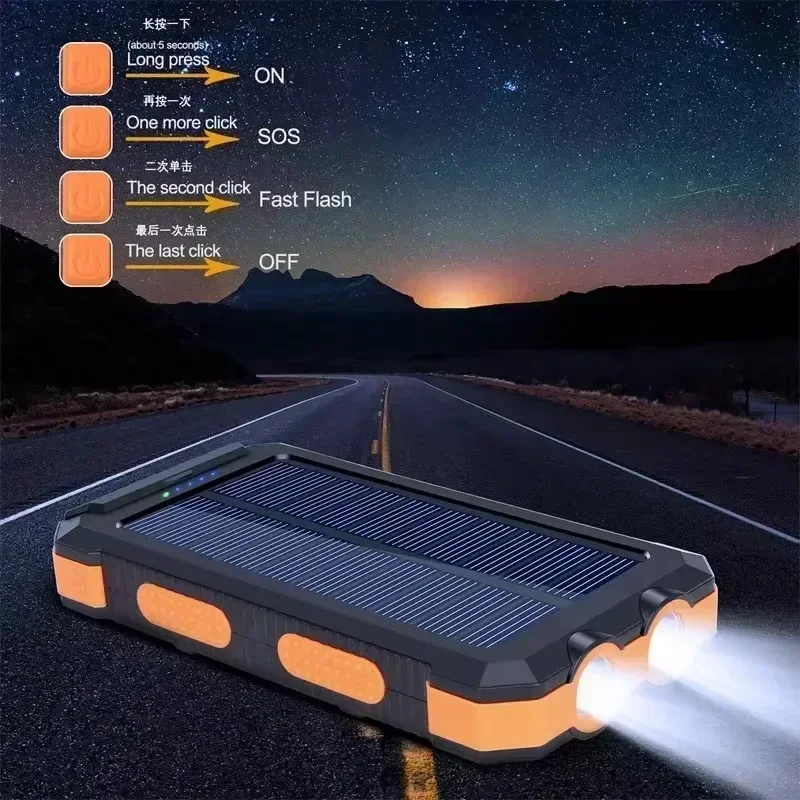 20000mAh Solar Power Bank Outdoor Camping Portable Fast Charger Power Bank Waterproof External Battery Charging with LED Light