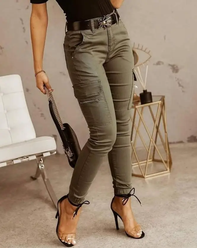 Pantalon Décontracté à la Mode pour Femme, Couleur Unie, Fermeture Éclair, Poches, Design, Ceinture, Nouvelle Collection Printemps Été 2024