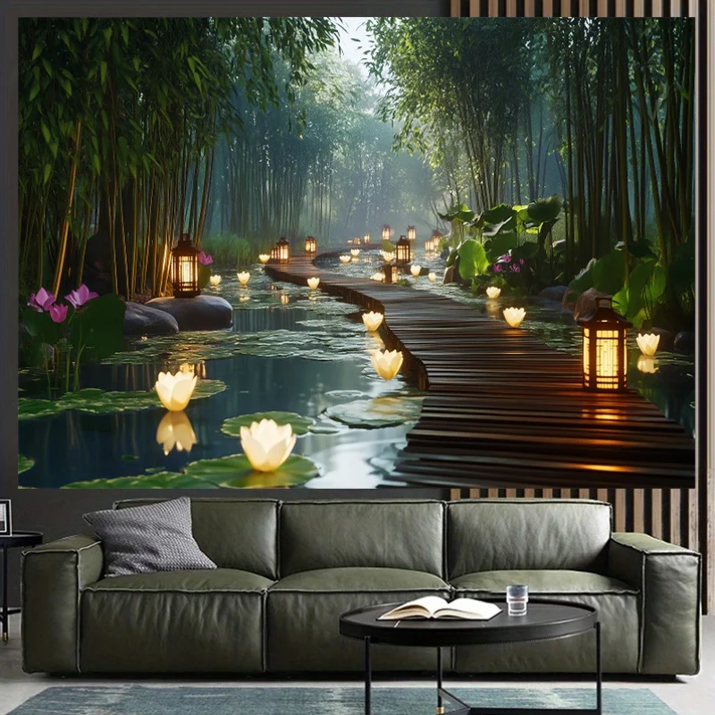 Zen Bamboo Forest Tapestry Asian Style Wall Decor Meditation Room Spa Background Lotus Flower Lantern Peaceful GardenScenery Art