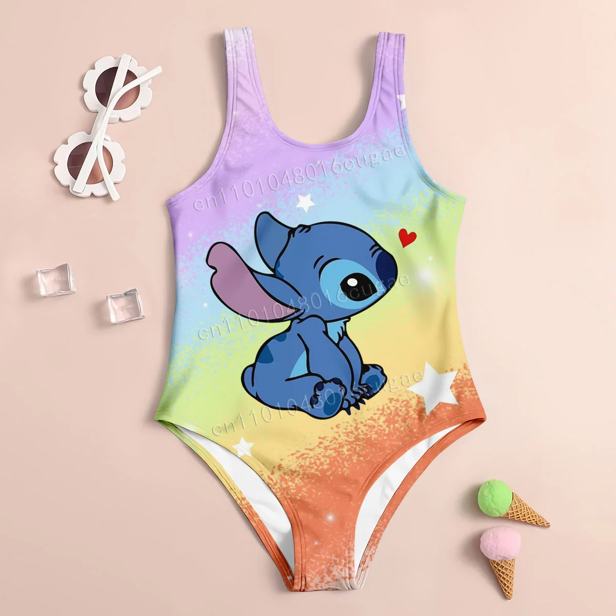 

Детский милый стильный купальник Lilo & Stitch, летний пляжный купальник с мультяшным принтом, удобный повседневный облегающий цельный купальник