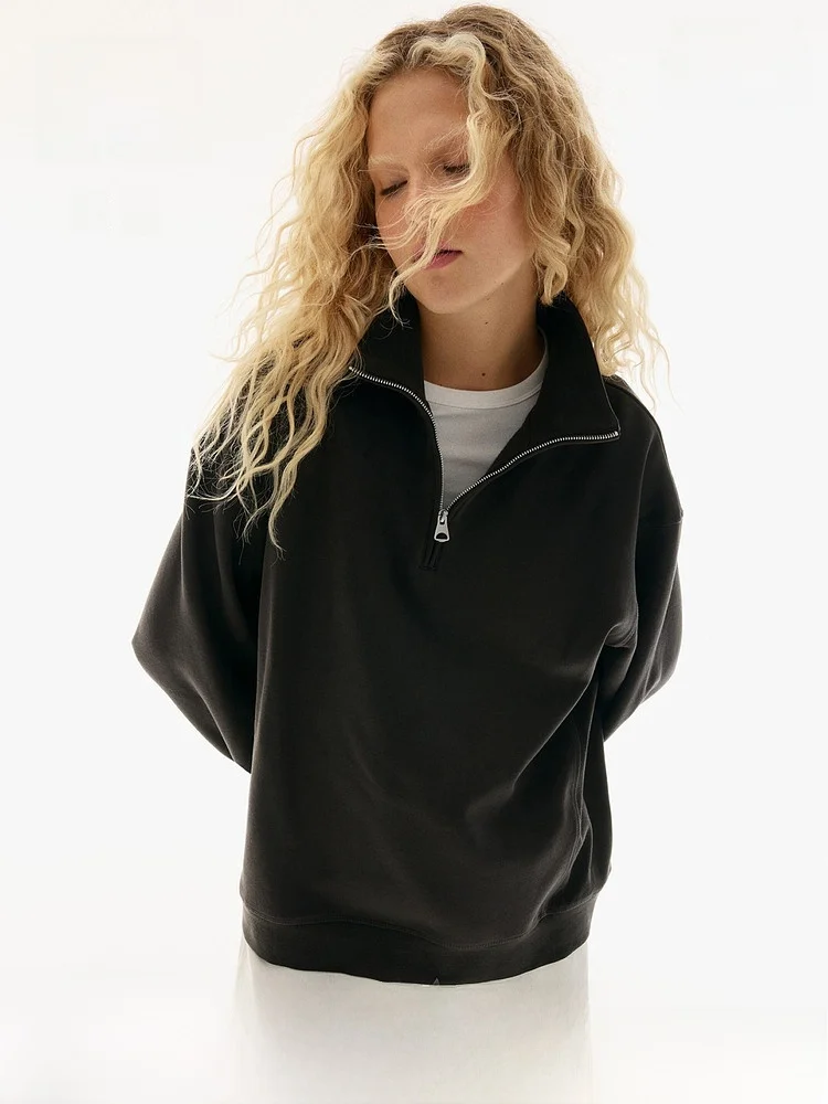 ゆったりとしたロング丈のレディースフーディー、アメリカンスタイルのベースレイヤー、ジップアップトップ、冬服、ファション、H&M 3038、レディースプレミアムスウェットシャツ