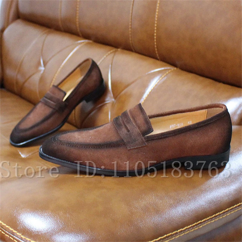 Luxury Handmade Suede Penny Loafers for Men Premium Round Toe Slip-On Dress Shoes Formal Footwear for Modern Gentlemen