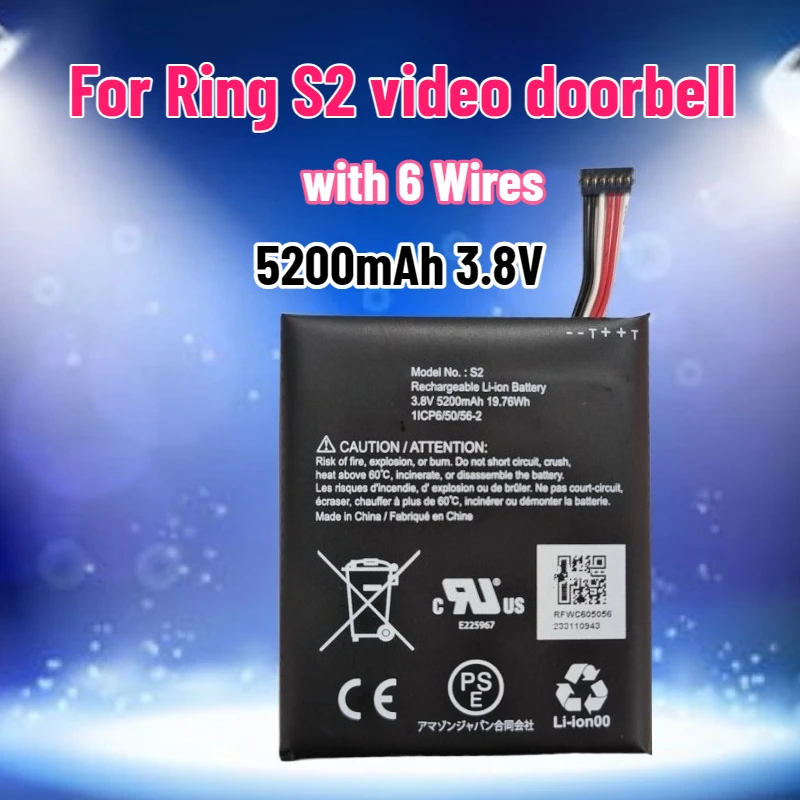 

New 5200mAh 3.8V Replacement Battery S2 for Ring S2 Video Doorbell Second-generation Battery with 6 Wires