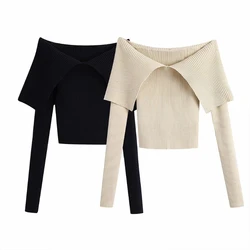 Women Autumn Long Sleeve Off Shoulder Sweater Sexy Big Lapel Collar Slash Neck Crop Top Ribbed Knit Solid Color Dropship