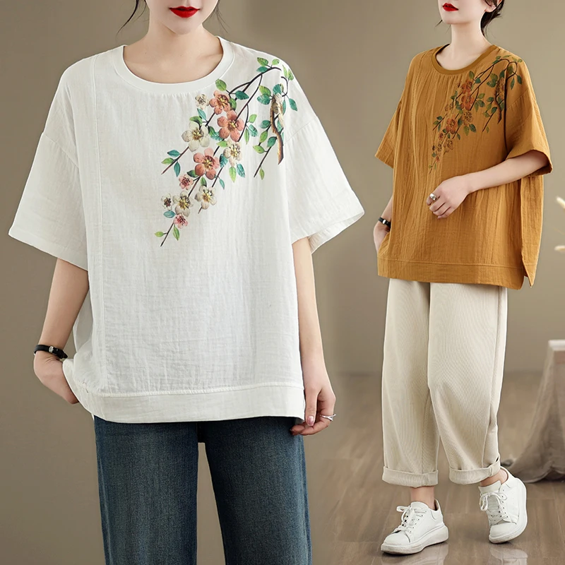 

Women Summer New Pullover Retro Printing Short-sleeved Shirt Loose Large Size Split T-shirt Tops Tees Casual Oversized Harajuku