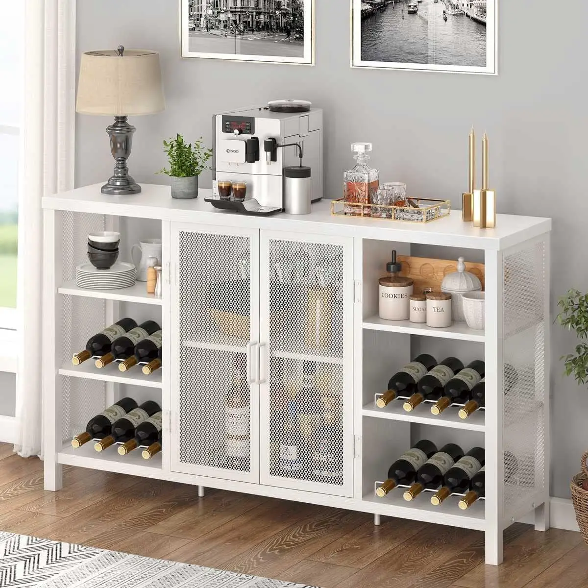 Wine Bar Cabinet for Liquor and Glasses, Modern Sideboard and Buffet Cabinet with Wine Rack, Wood and Metal Coffee Bar C