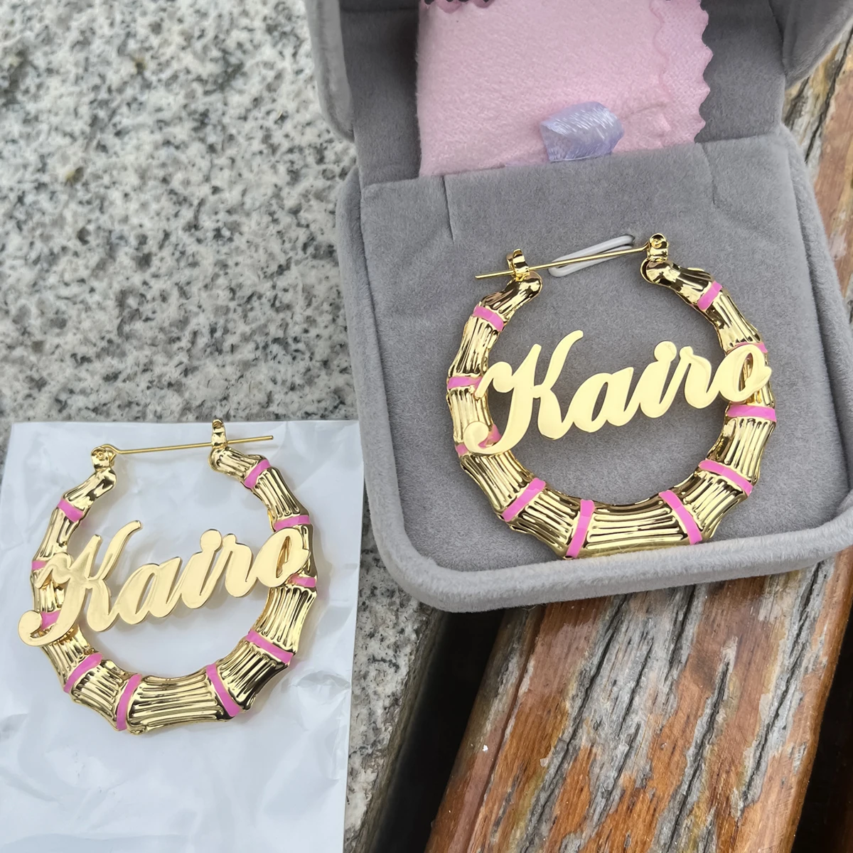 Personalize Colorful Bamboo Hoop Earring Custom Enamel Colorful Gold Plated Name Earring Sexy Style Hoop Earrings For Women Gift