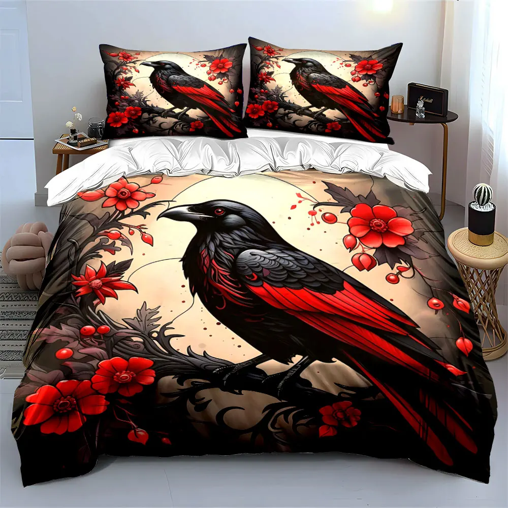 Dark Gothic style raven red flower Pattern Duvet Cover Set Digital Print Colorful Polyester Bedding with Zipper Closur for gifts