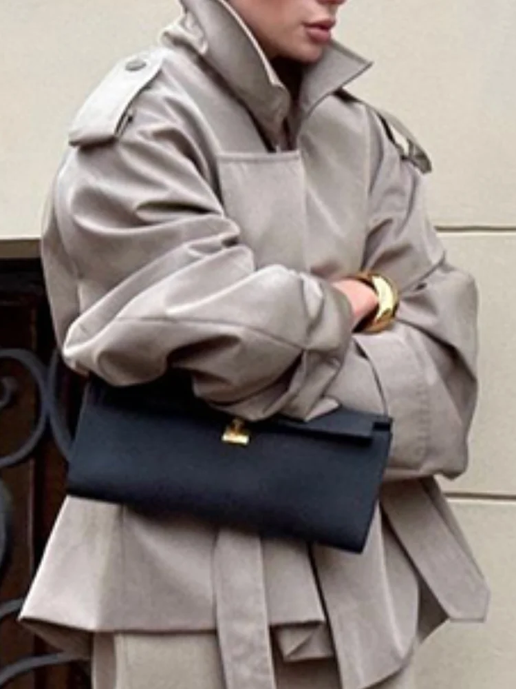 Women Khaki Navy Cropped Trench Coat Wide Lapel Double Breasted Epaulet Waist Tie Garment Spring Autumn Street Stylish Outfit