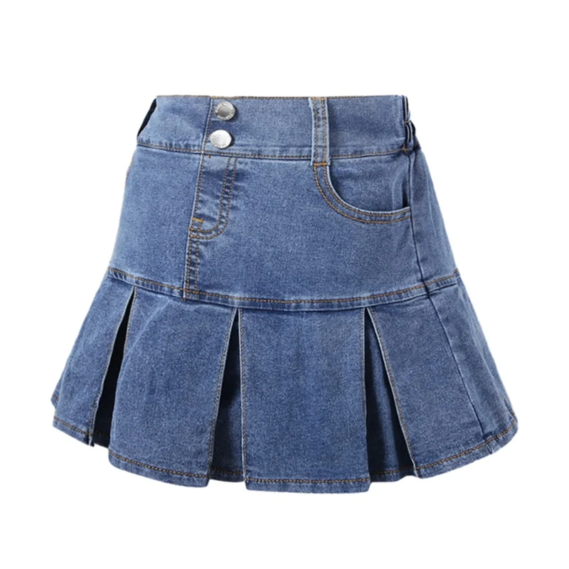 

Girls Blue Pleated Denim Short Skirt Korean Version Summer New Children's Fashionable A-Line Half Skirt